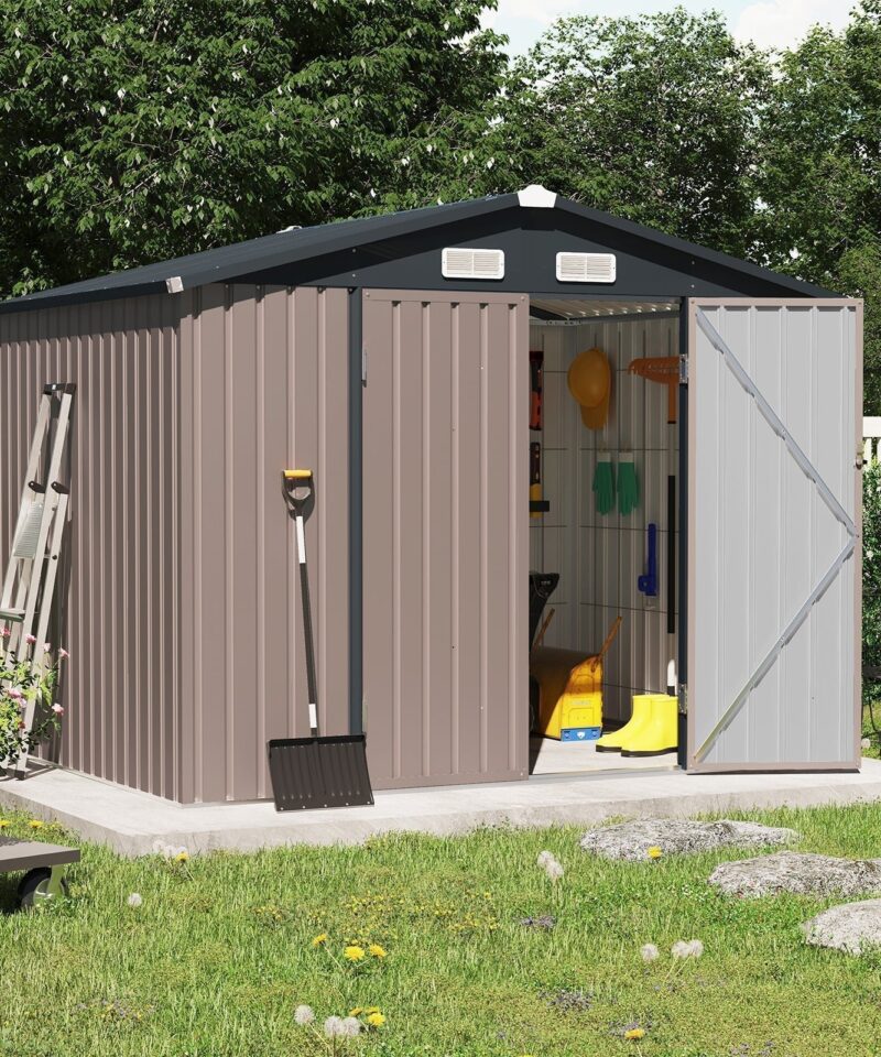 8′ x 6′ FT Outdoor Storage Shed, Metal Garden Tool Shed with Lockable Door, Outside Sheds & Storage Galvanized Steel, Brown
