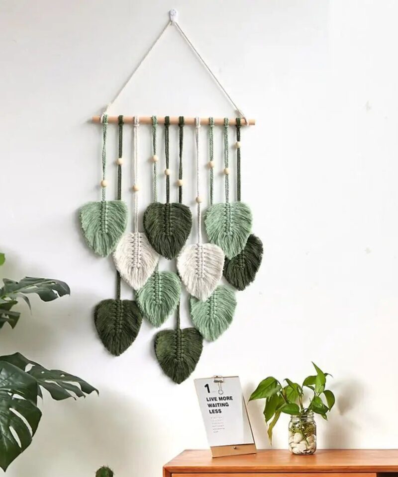 Wall Decor Large Boho Macrame Handmade Yarn Woven Wall Art Leaf Tapestry Wall Hanging With Faux Feathers For Home Decor