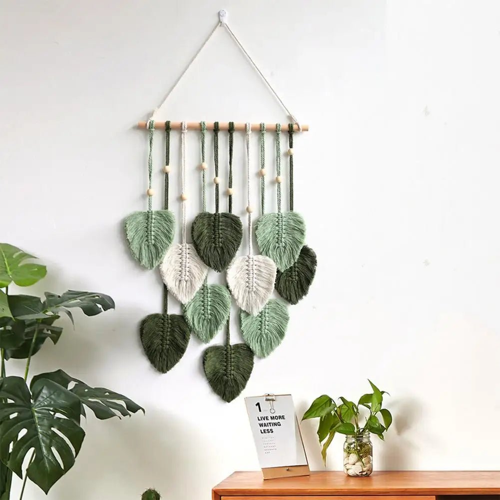 Wall Decor Large Boho Macrame Handmade Yarn Woven Wall Art Leaf Tapestry Wall Hanging With Faux Feathers For Home Decor