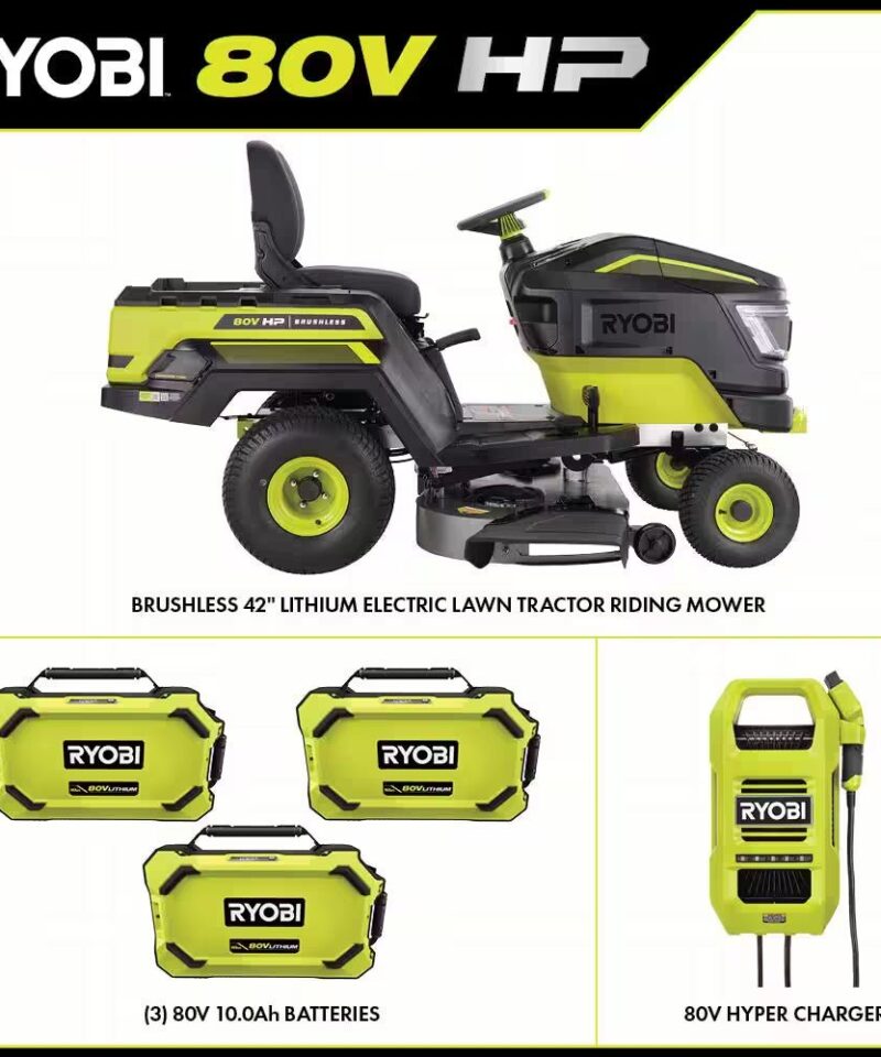80V HP Brushless 42 In. Battery Electric Cordless Riding Lawn Tractor with (3) 80V 10Ah Batteries and Charger - Image 4