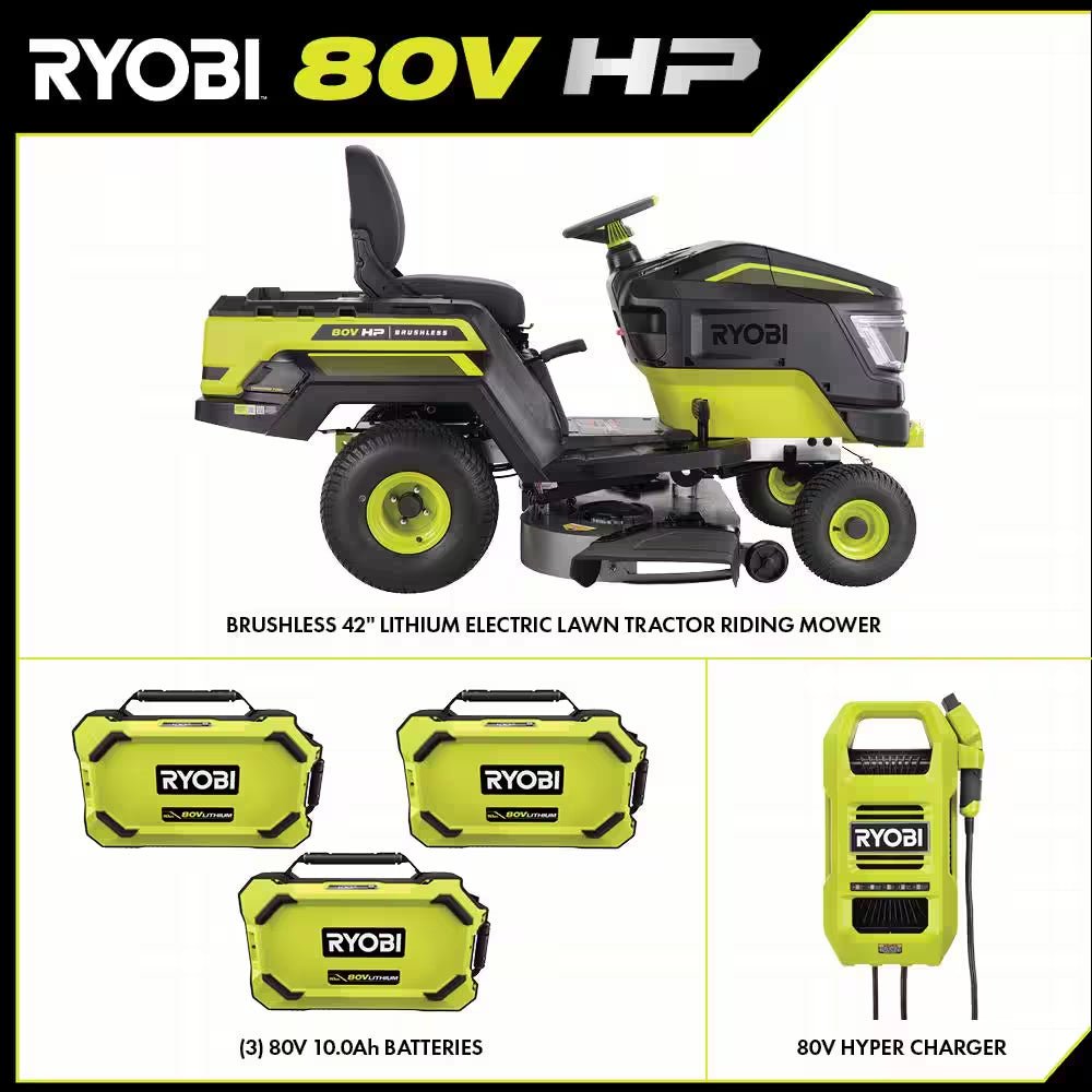 80V HP Brushless 42 In. Battery Electric Cordless Riding Lawn Tractor with (3) 80V 10Ah Batteries and Charger - Image 4