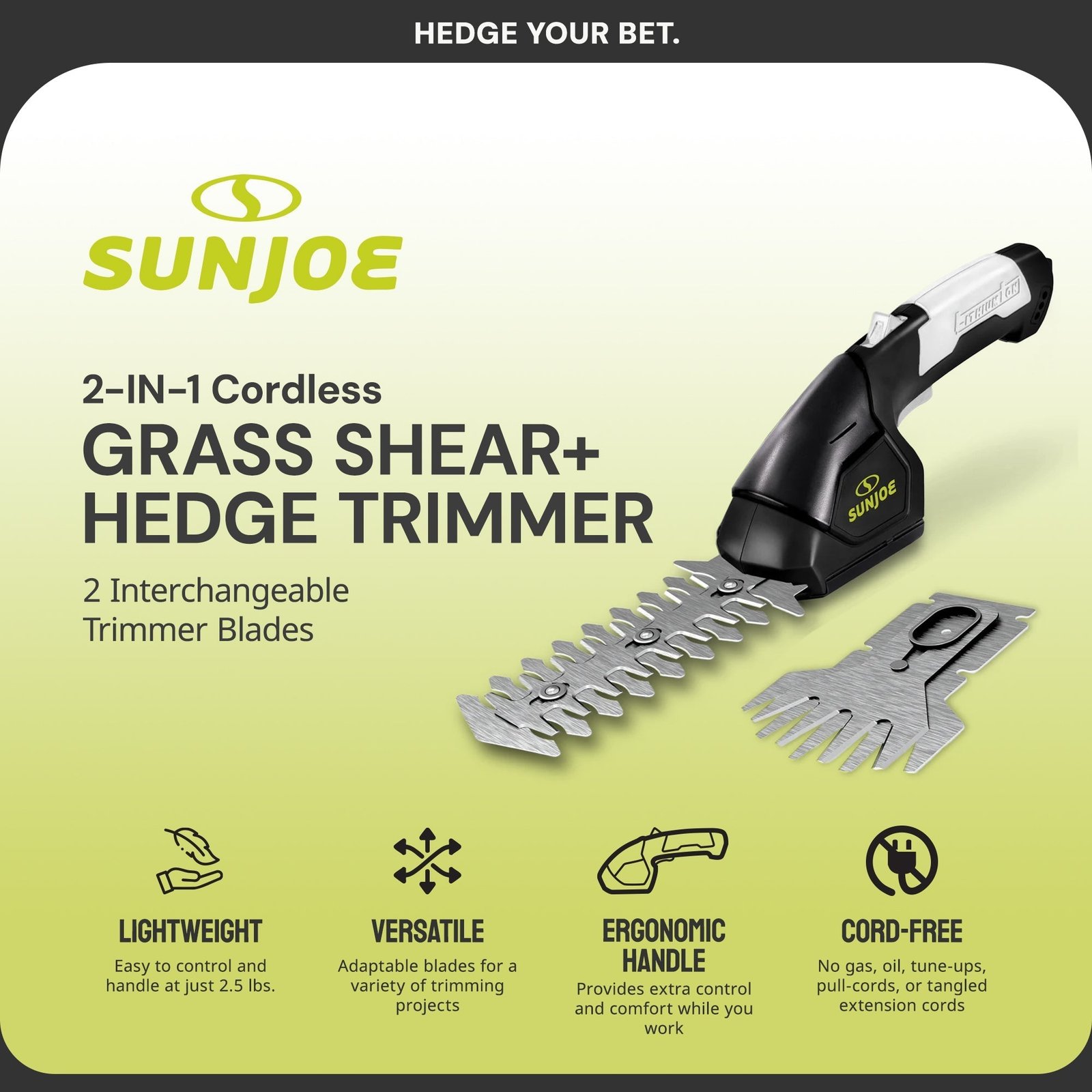2 in 1 Cordless Handheld Grass Shear and Hedge Trimmer, 7.2-Volt, Black - Image 2