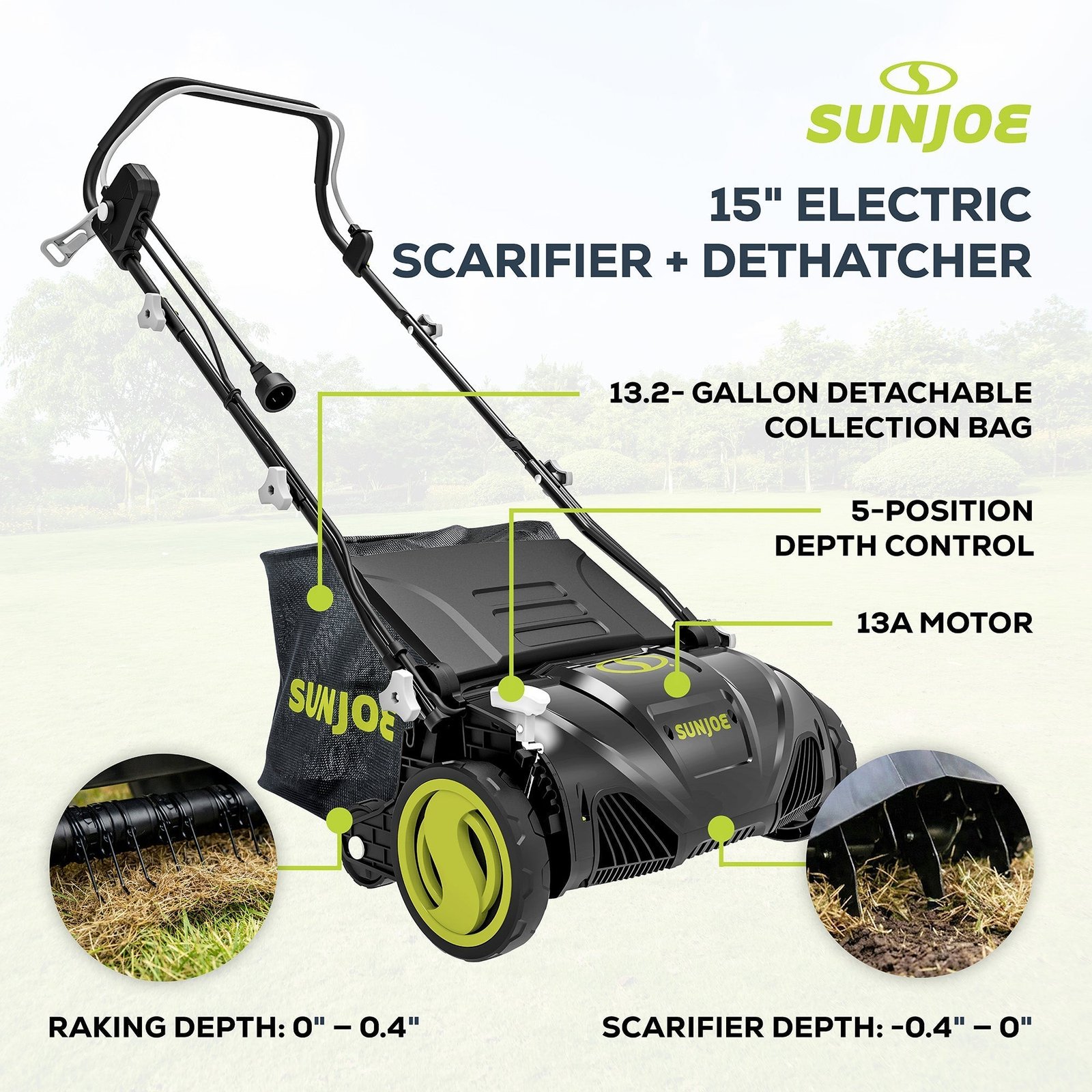 15″ Electric Dethatcher Scarifier with 13.2 Gallon Bag, 13 Amp, AJ805E - Image 3