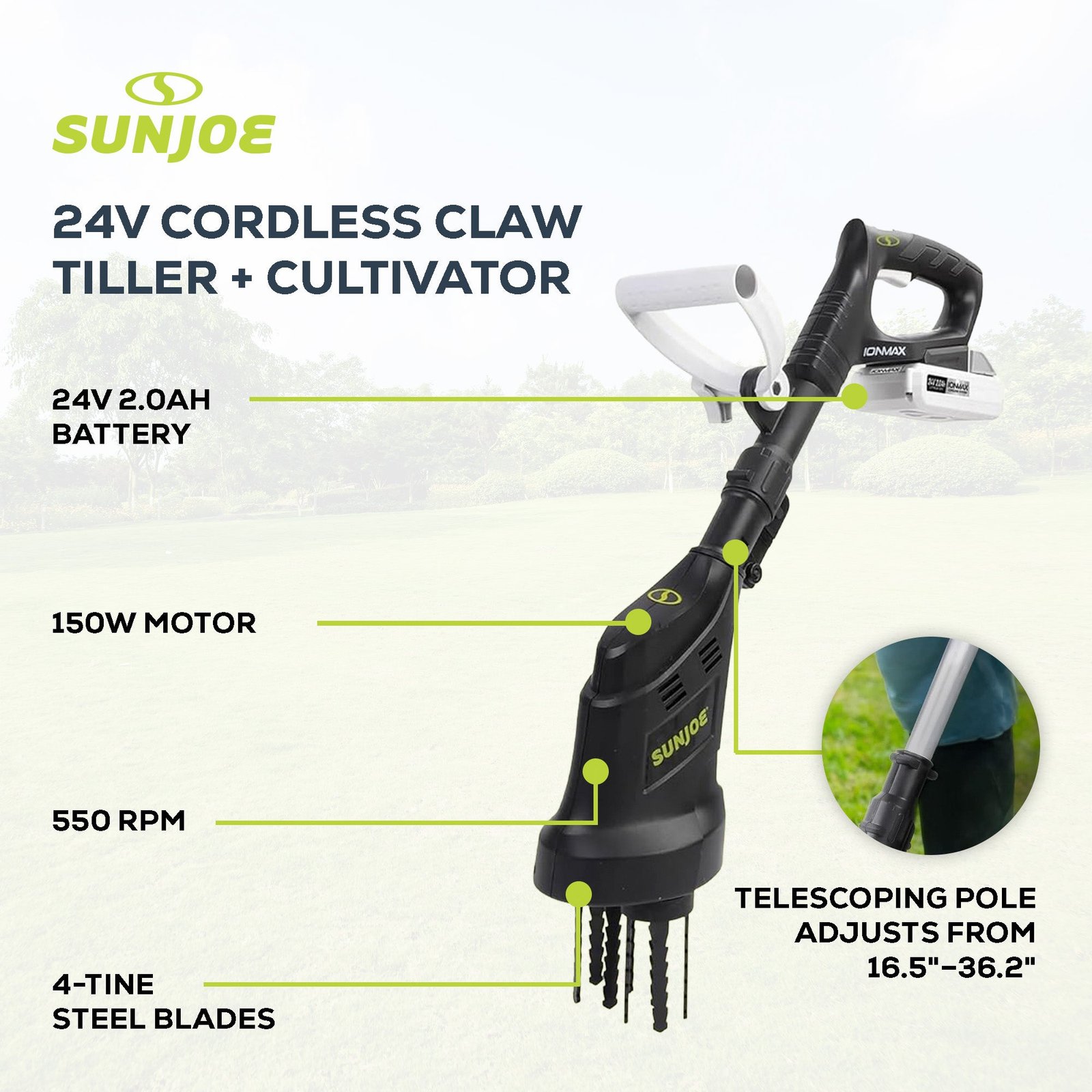 24V Claw Tiller and Cultivator for Small Scale Gardening, 24V-CTLR-LTE - Image 3