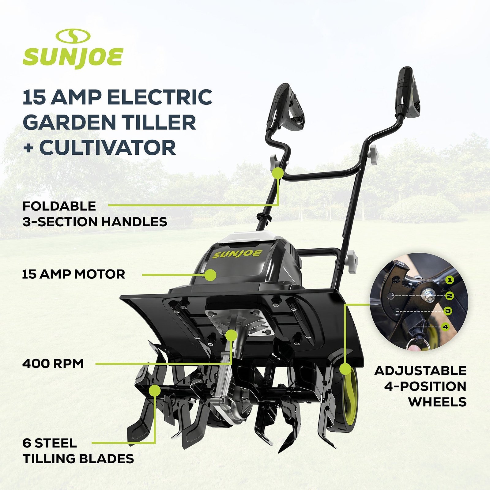 Electric Garden Tiller Cultivator, Steel Tines, 15 Amp, 15.7″, TJ605E - Image 3