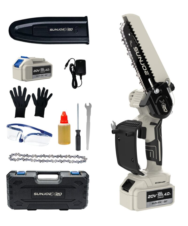 20V ECOSHARP UL Certified Cordless Mini Chainsaw, 6-Inch Self-Lubricating Handheld Chainsaw with Safety Lock Button & Saw Guard, 4000mAh Battery & Charger, Tree Trimming, Black, X20-SAW-4A-BLK