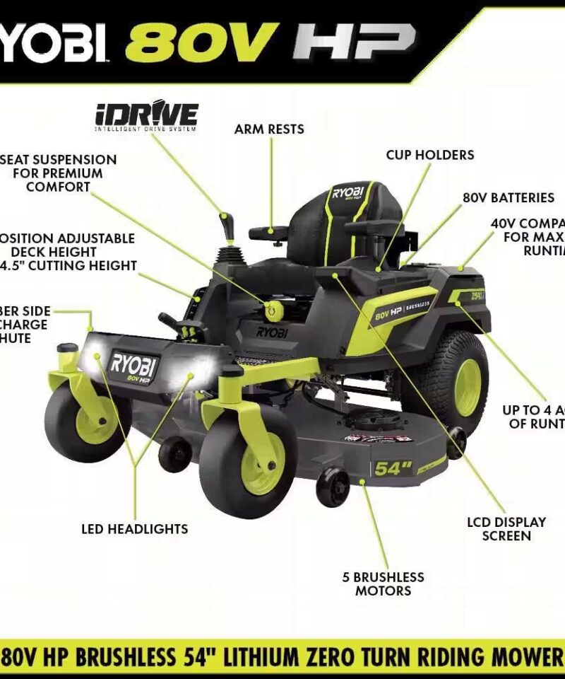 80V HP Brushless 54 In. Battery Electric Cordless Zero Turn Riding Mower (3) 80V Batteries (4) 40V Batteries and Charger - Image 4