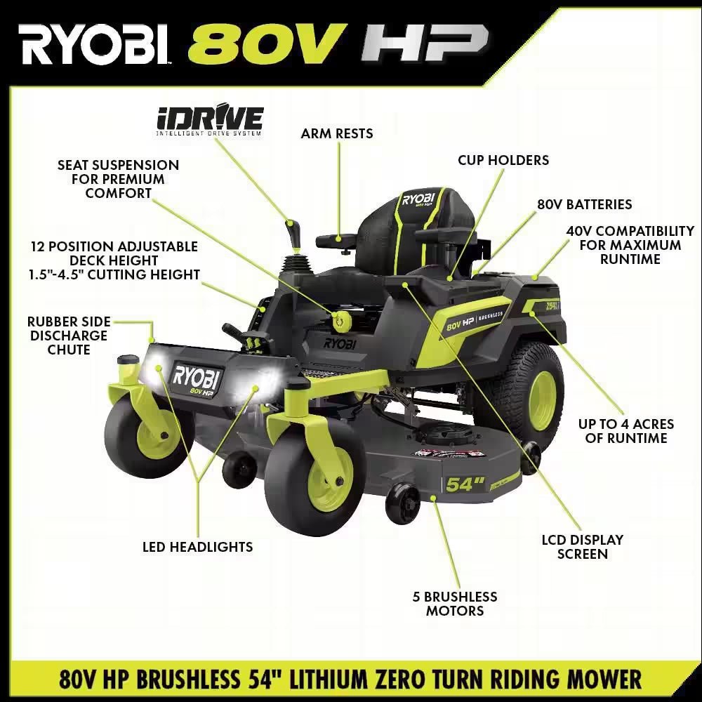 80V HP Brushless 54 In. Battery Electric Cordless Zero Turn Riding Mower (3) 80V Batteries (4) 40V Batteries and Charger - Image 4
