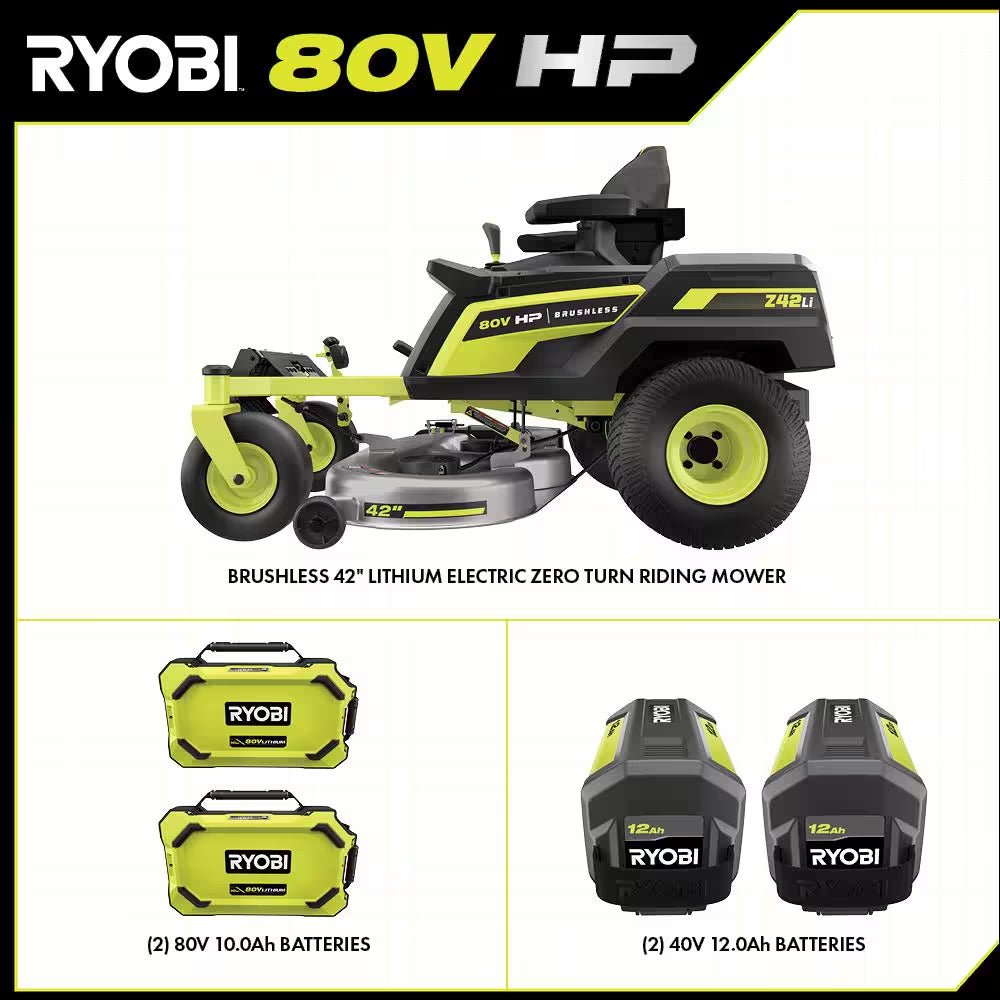 80V HP Brushless 42 In. Battery Electric Cordless Zero Turn Riding Mower (2) 80V Batteries (2) 40V Batteries and Charger - Image 3