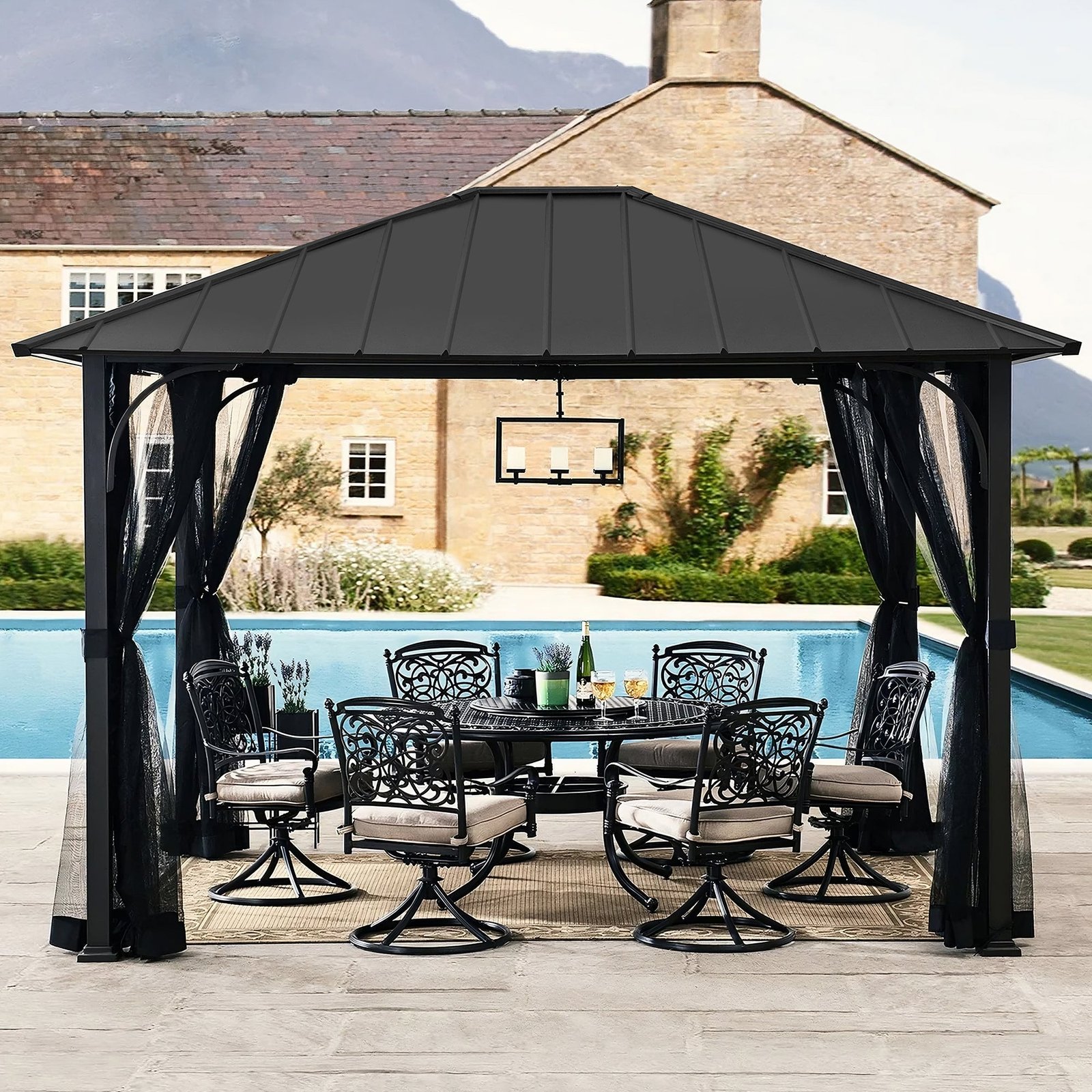 Hildreth 11 x 13 Foot Screened Gazebo Canopy Outdoor Pergola Tent, Black - Image 4