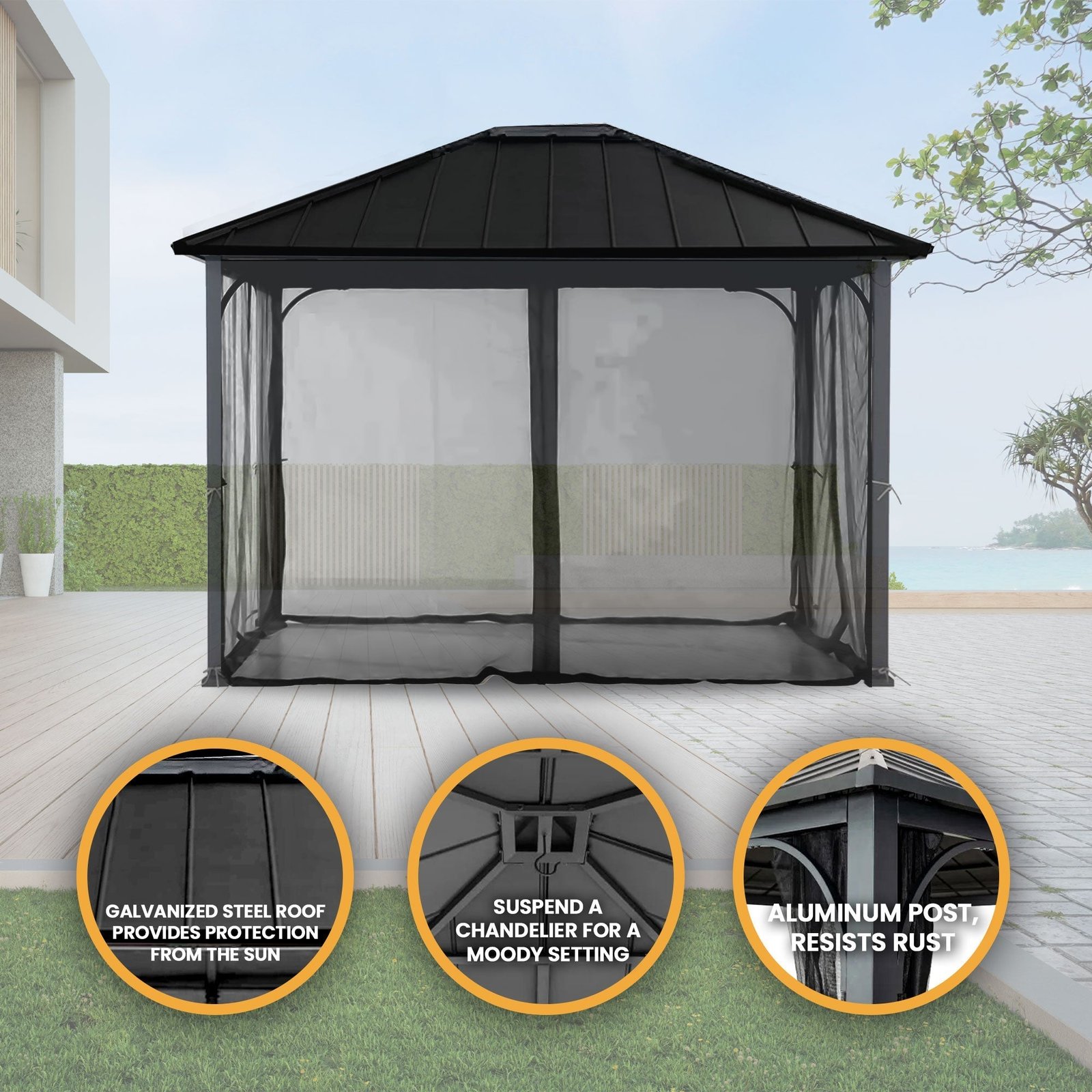 Hildreth 11 x 13 Foot Screened Gazebo Canopy Outdoor Pergola Tent, Black - Image 2